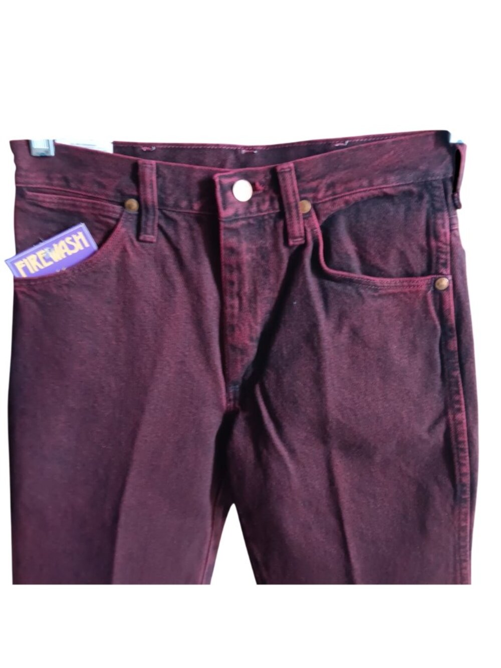Vintage Slim Fit Cowboy Cut Jeans 28x30 Wrangler Mens Firewash Red Denim 1990s - Picture 4 of 8